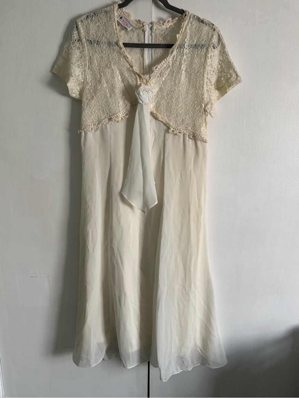 Cream Lace Overlay Maxi Dress with Rosette Accent